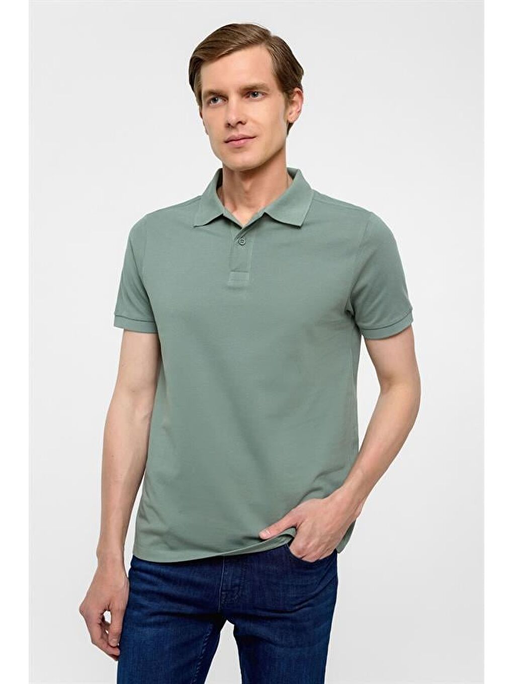Turkuaz Su Yeşili Slim Düz Polo Yaka Tişört-1
