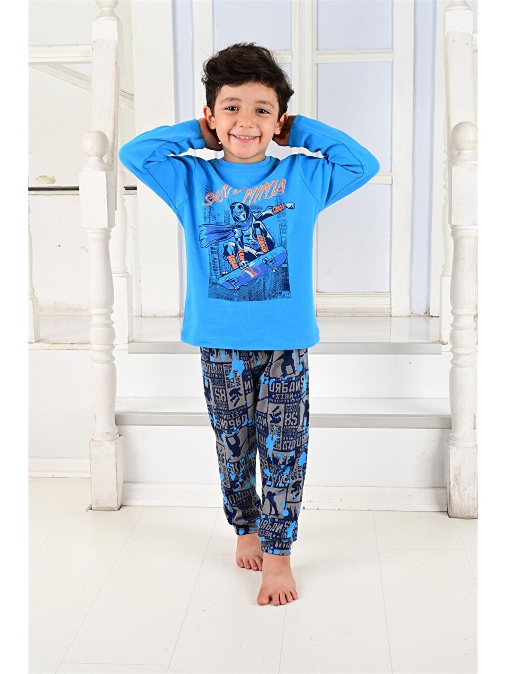 Erkek Çocuk Uzun Kollu Pijama Takımı Skate Ninja Mavi