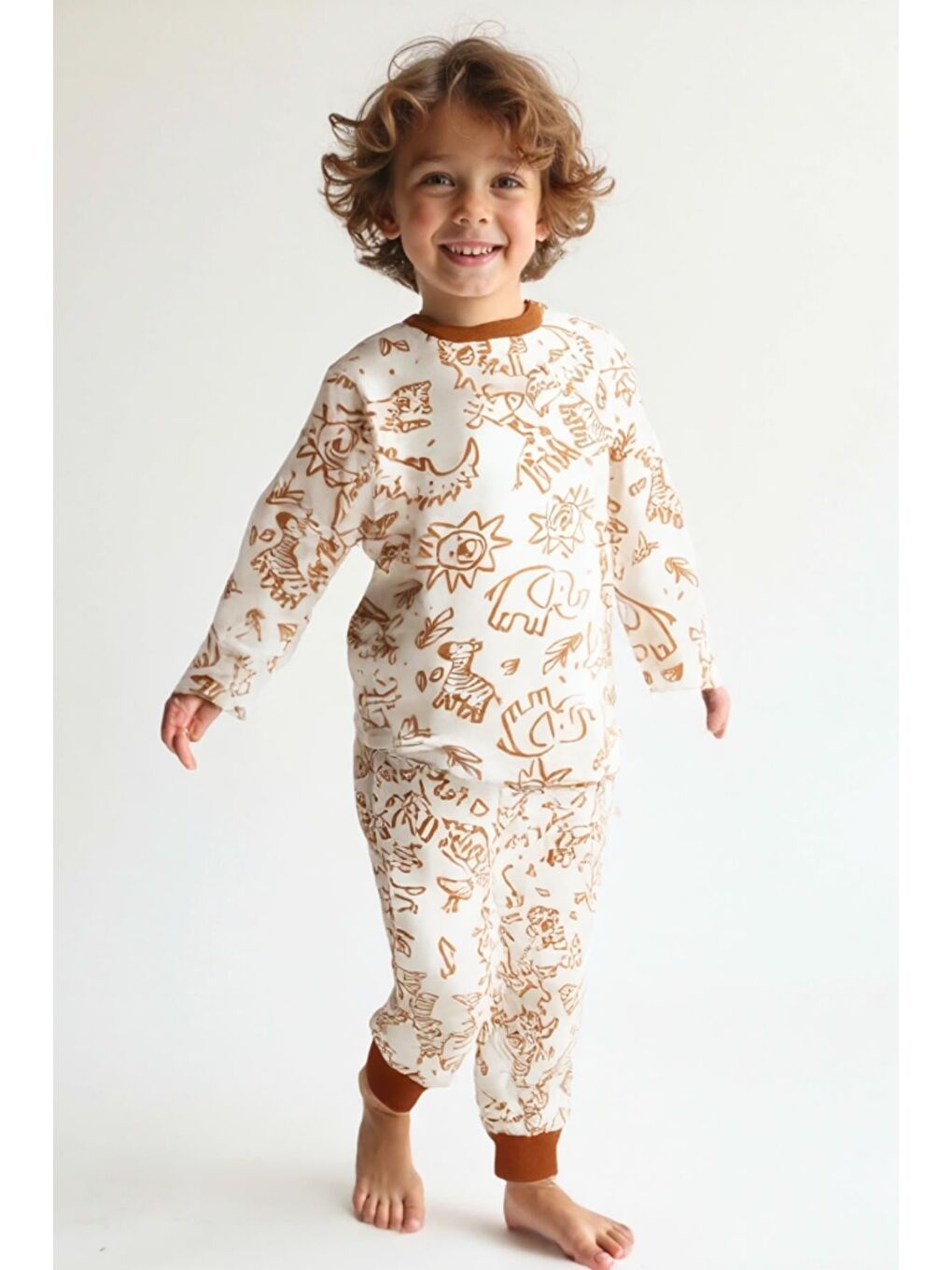 Sarı Unisex Çocuk Desenli Pijama Takımı - Hardal