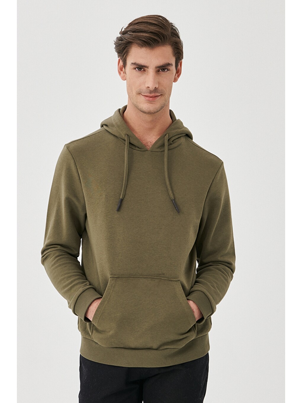 Erkek Haki Standart Fit Kapüşonlu Sweatshirt-1