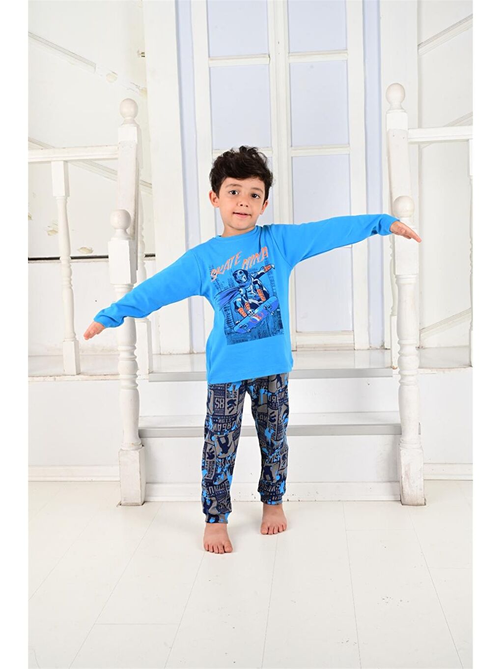 Erkek Çocuk Uzun Kollu Pijama Takımı Skate Ninja Mavi-2
