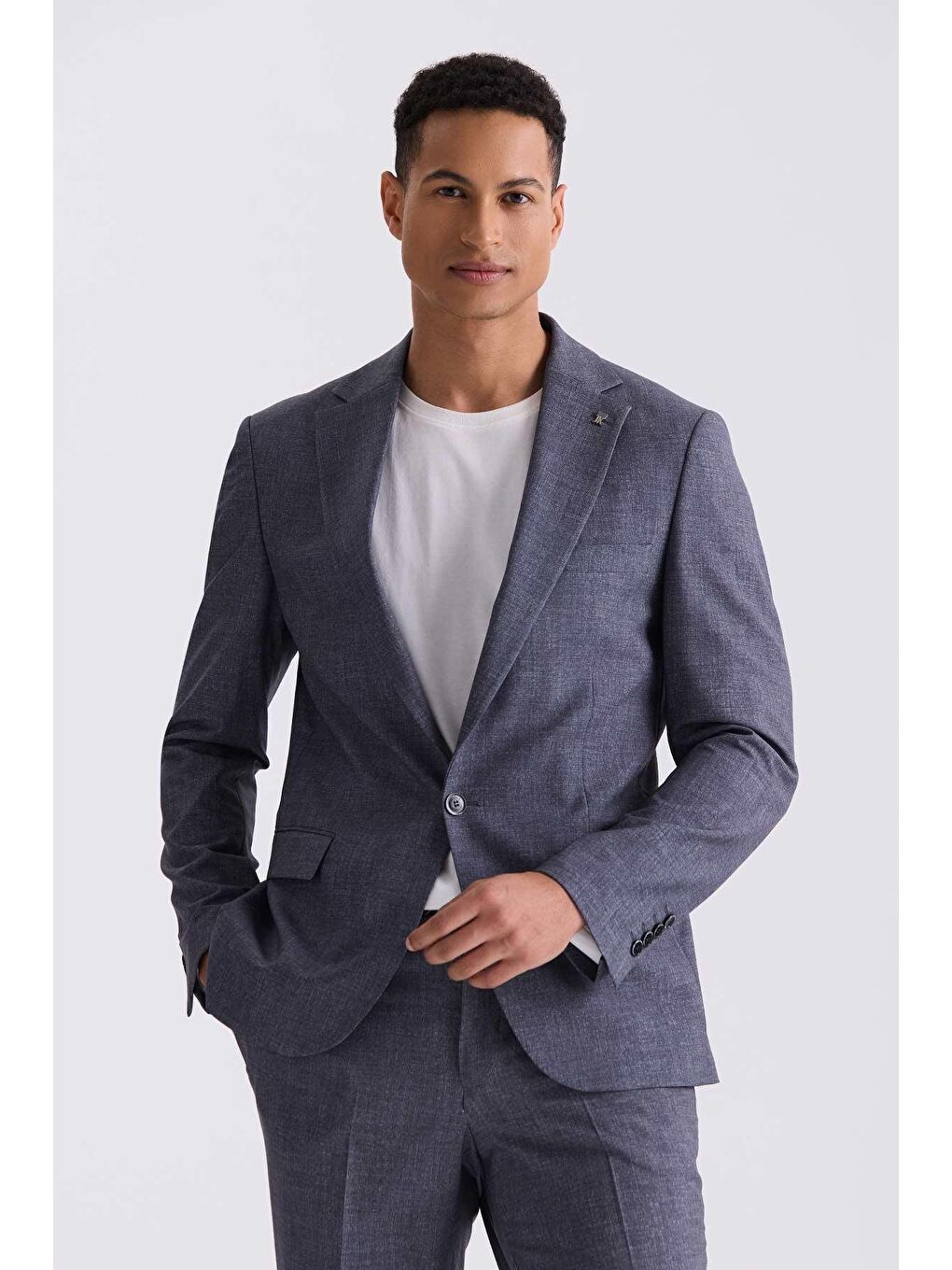 Gri Slim Fit Mono Yaka Tek Düğme Spor Takım Elbise-1