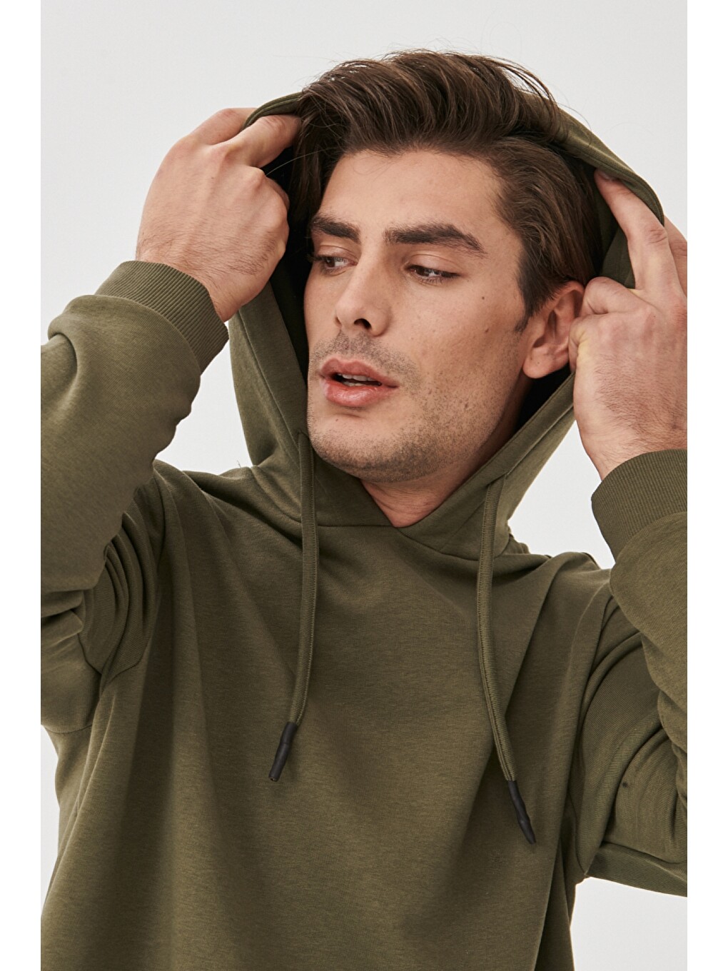 Erkek Haki Standart Fit Kapüşonlu Sweatshirt-2