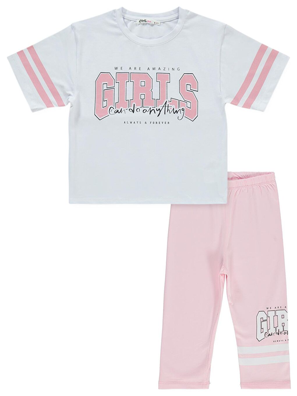 Beyaz Girls Sport Girl Baskılı Kısa Kol 2'li Set 6-9 Yaş Takım - Standart-4