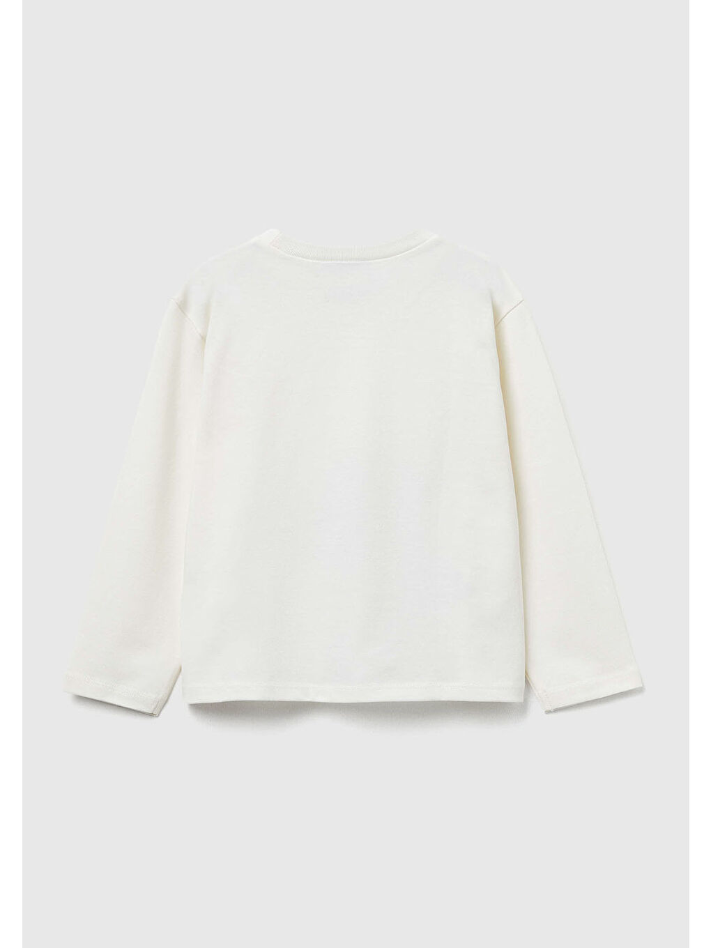 Ekru Kız Çocuk Krem Önü Baskılı Logo Etiketli Ribana Yakalı Uzun Kollu T-shirt-1