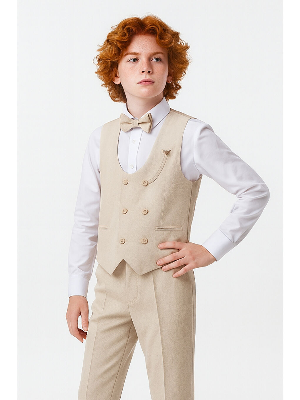 Bej Erkek Çocuk Modern Kesim Papyonlu Yelekli 3’ lü Set Takım Elbise Ak5350-1