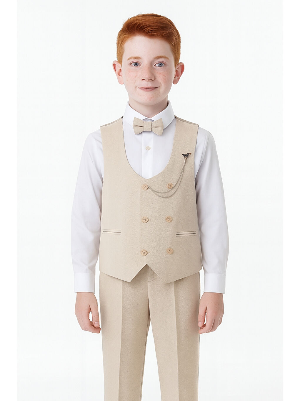 Bej Erkek Çocuk Modern Kesim Papyonlu Yelekli 3’ lü Set Takım Elbise Ak5350-2