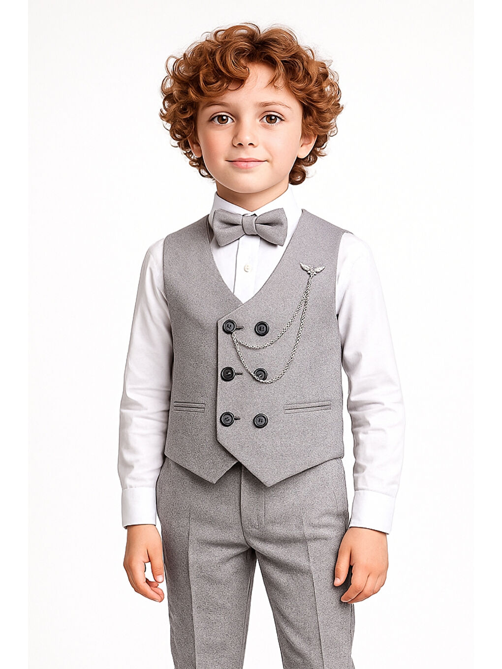 Gri Erkek Çocuk Modern Kesim Papyonlu Yelekli 3’ lü Set Takım Elbise Ak5350-1