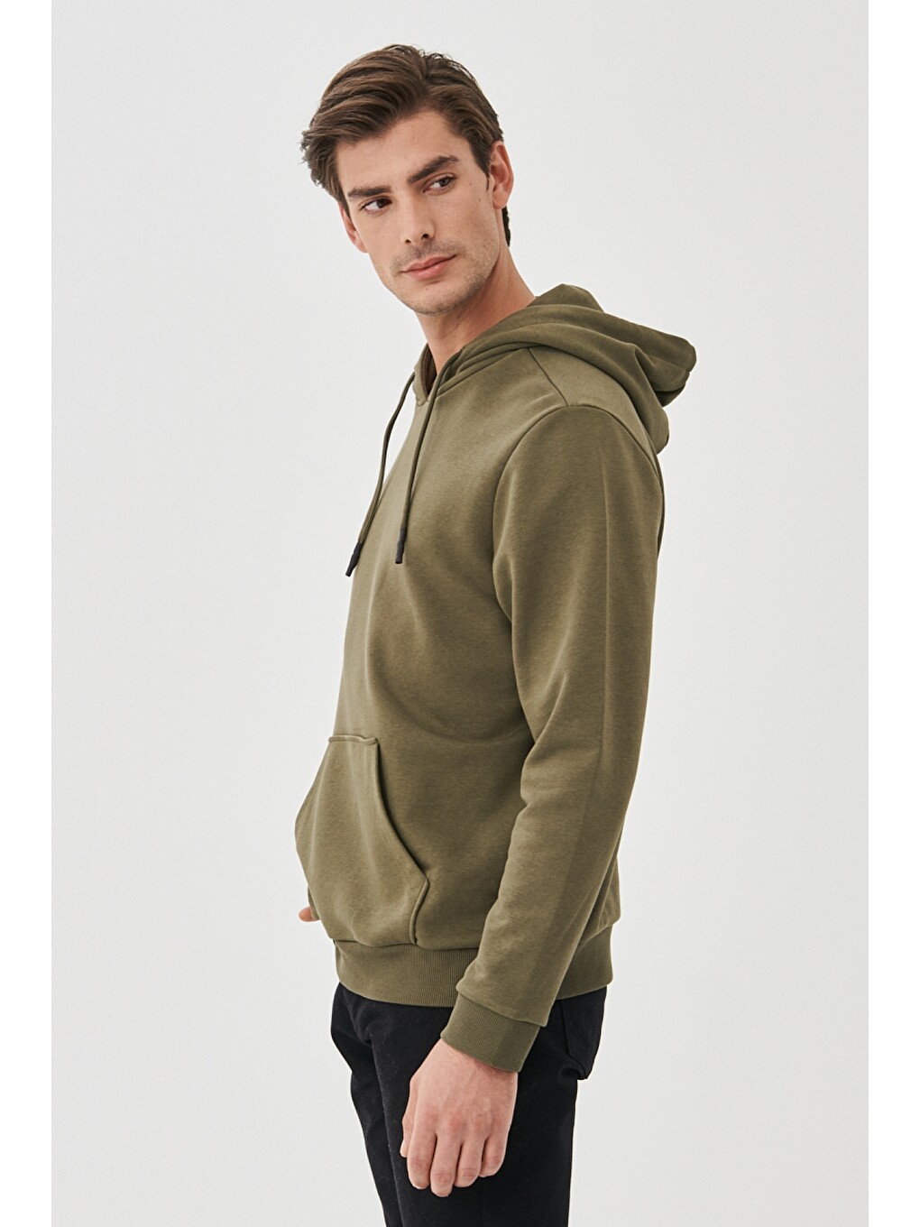 Erkek Haki Standart Fit Kapüşonlu Sweatshirt-3