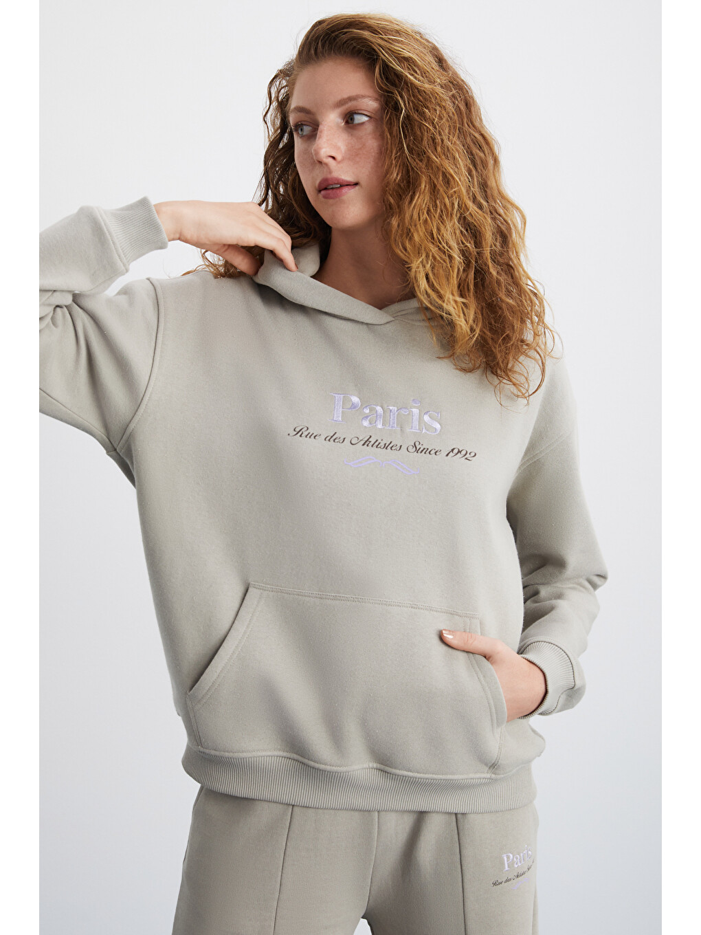Nılsa Kadın Nakış Detaylı Organik Pamuk Şehir Temalı Regular Kapüşonlu Bej Sweatshirt-2