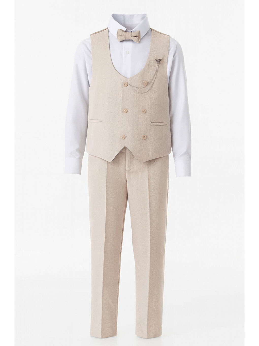 Bej Erkek Çocuk Modern Kesim Papyonlu Yelekli 3’ lü Set Takım Elbise Ak5350-3