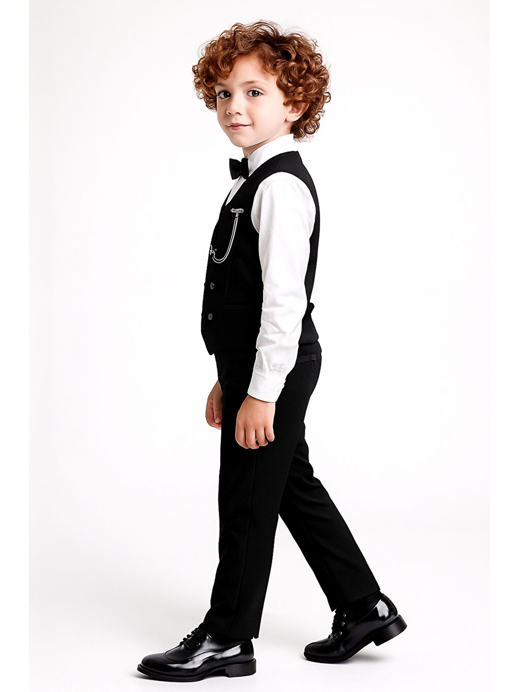 Siyah Erkek Çocuk Modern Kesim Papyonlu Yelekli 3’ lü Set Takım Elbise Ak5350-2