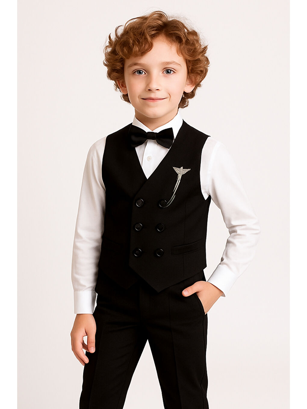 Siyah Erkek Çocuk Modern Kesim Papyonlu Yelekli 3’ lü Set Takım Elbise Ak5350-3