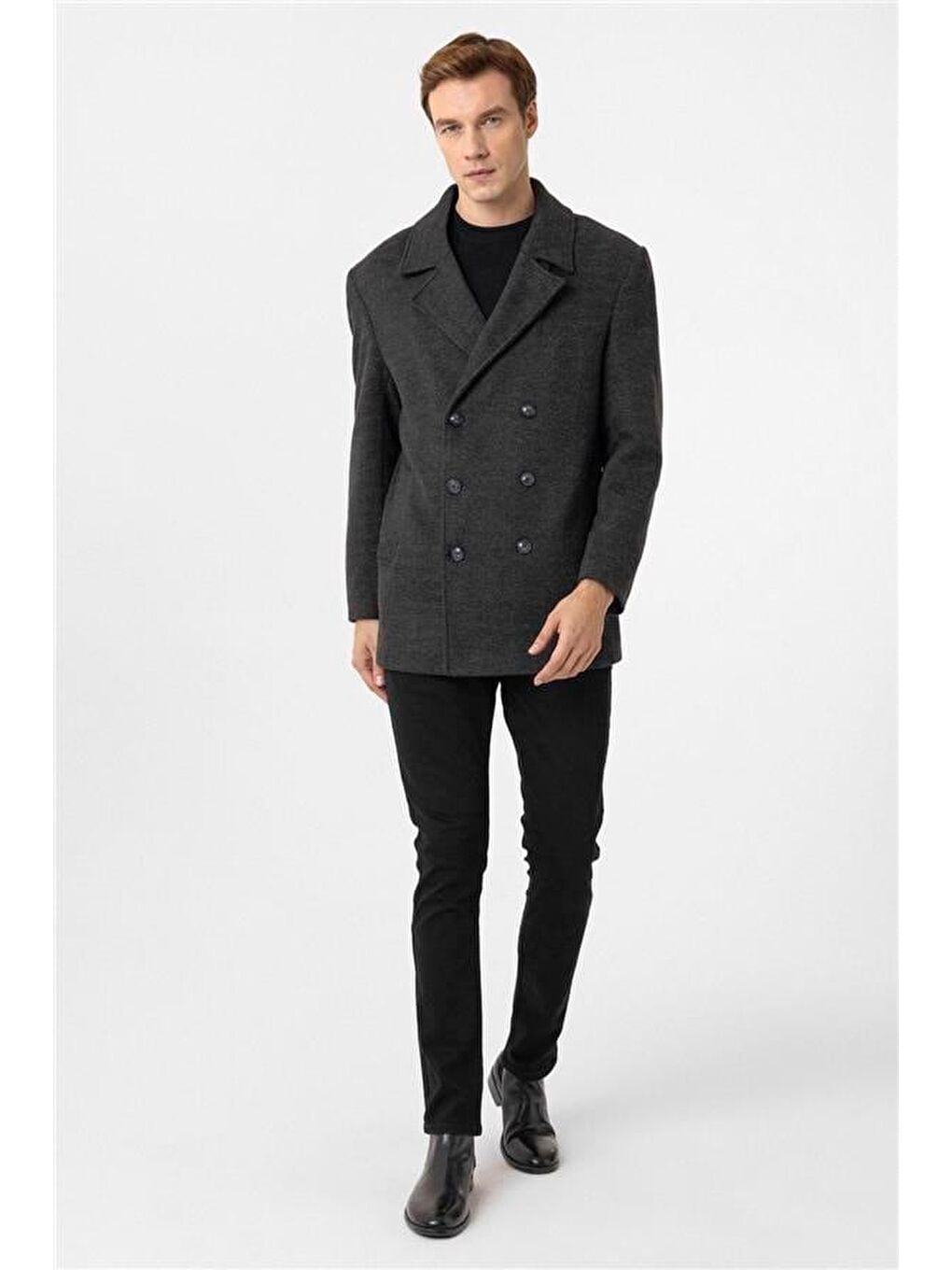 Antrasit Slim Desenli Kruvaze Yaka Kaban-1