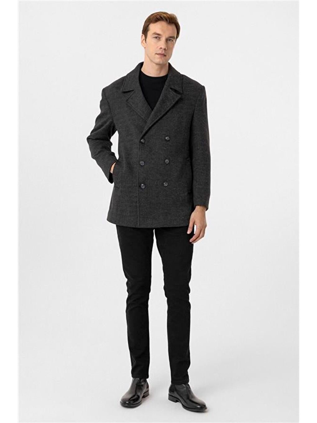 Antrasit Slim Desenli Kruvaze Yaka Kaban-2