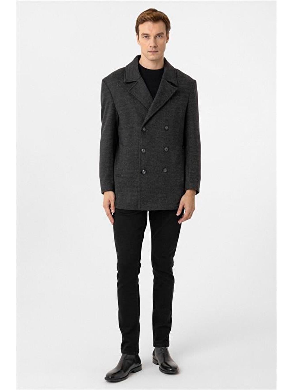 Antrasit Slim Desenli Kruvaze Yaka Kaban-3