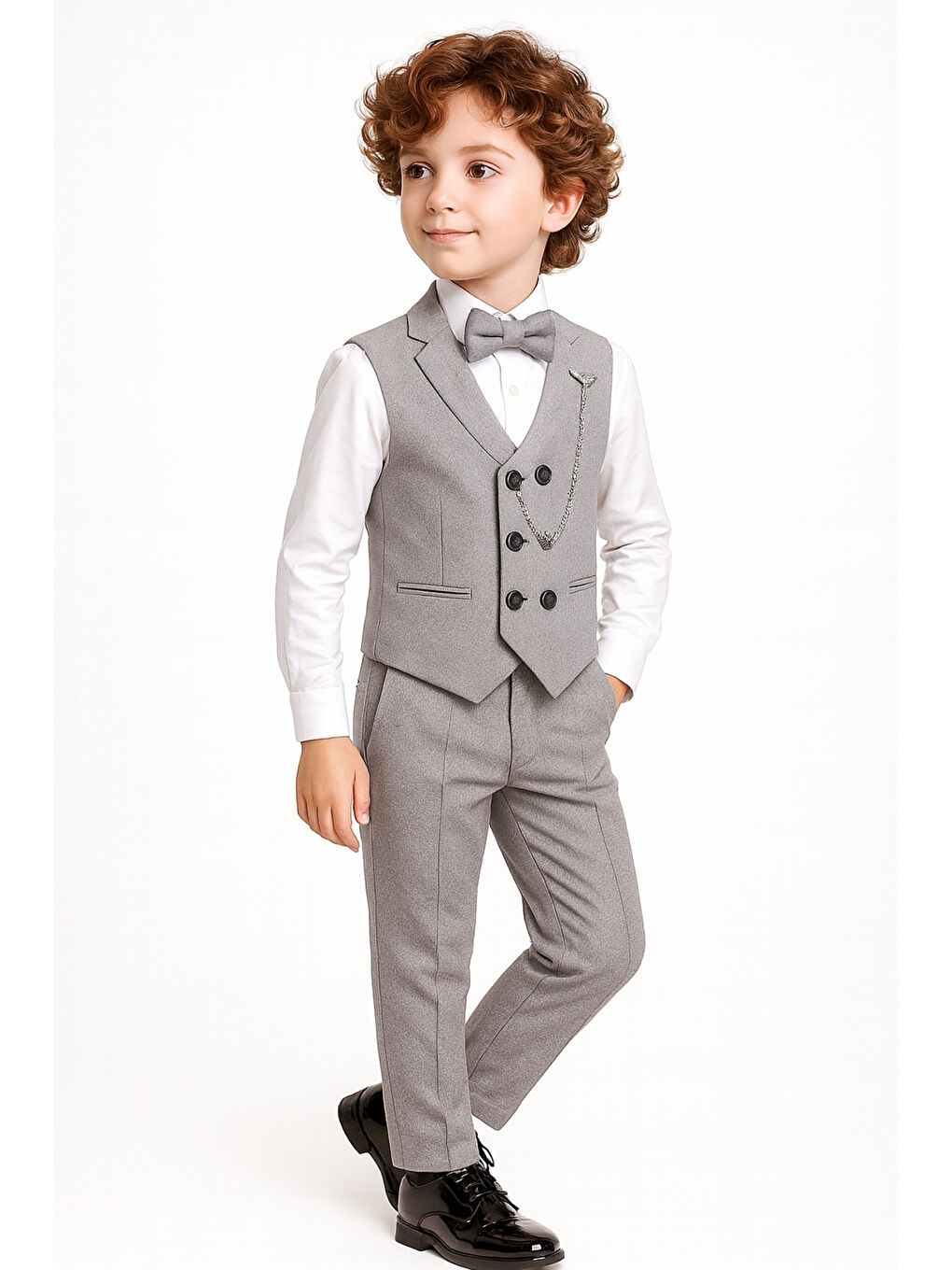 Gri Erkek Çocuk Modern Kesim Papyonlu Yelekli 3’ lü Set Takım Elbise Ak5350-2