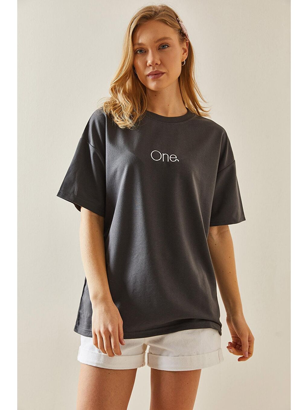 XHAN Antrasit Bisiklet Yaka Önü Yazılı Oversize T-Shirt 5YXK1-48002-36 - 2