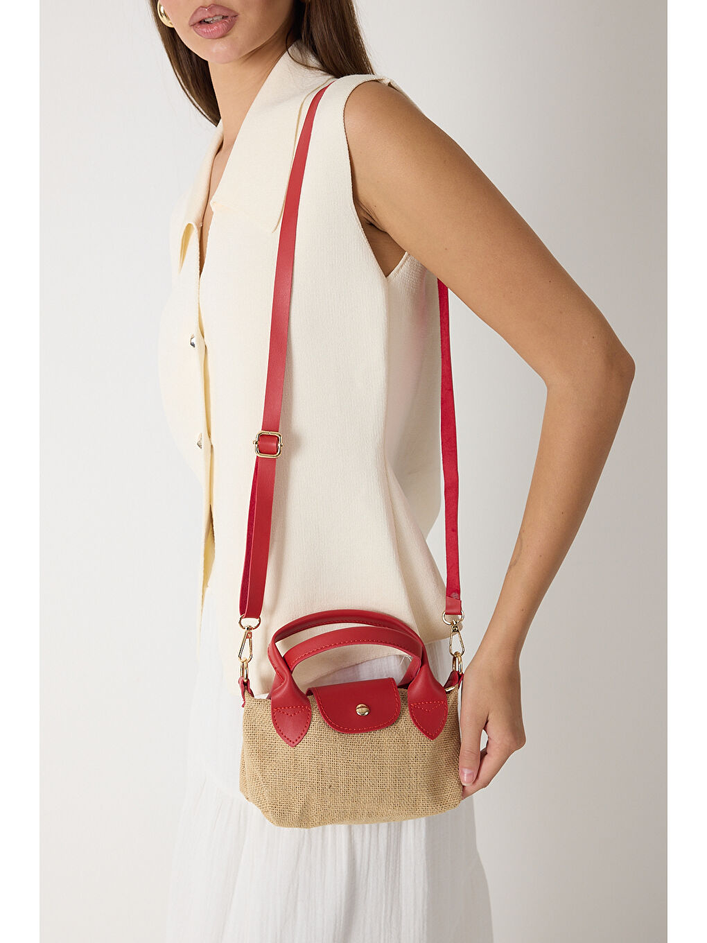 Kadın Kırmızı Mini Boy Askılı Hasır El ve Çapraz Çanta-2