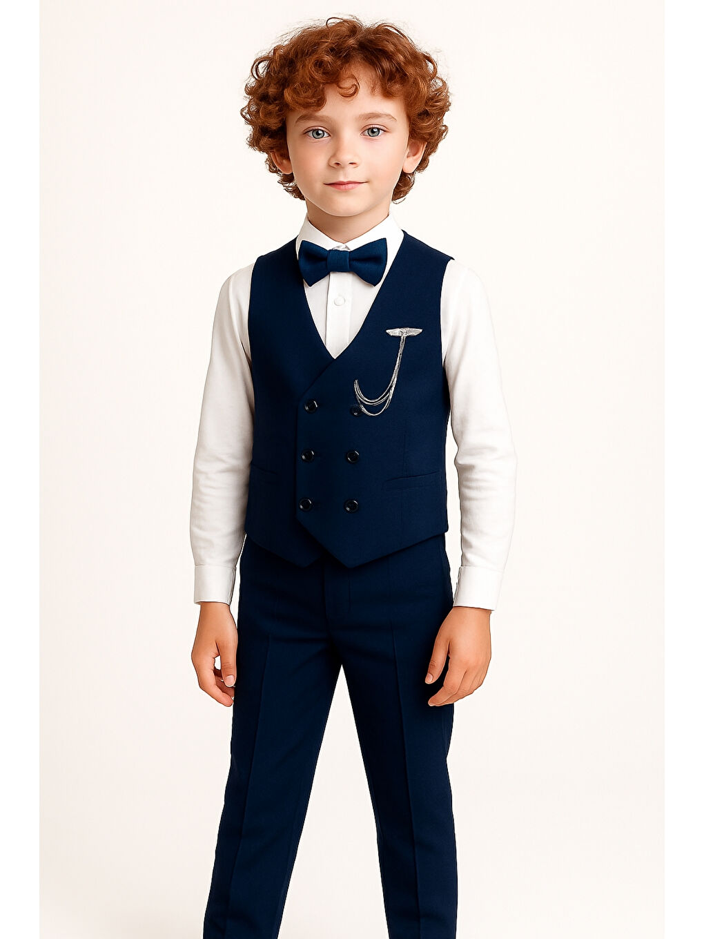 Lacivert Erkek Çocuk Modern Kesim Papyonlu Yelekli 3’ lü Set Takım Elbise Ak5350-1