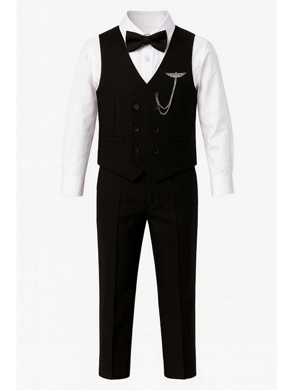 Siyah Erkek Çocuk Modern Kesim Papyonlu Yelekli 3’ lü Set Takım Elbise Ak5350-5