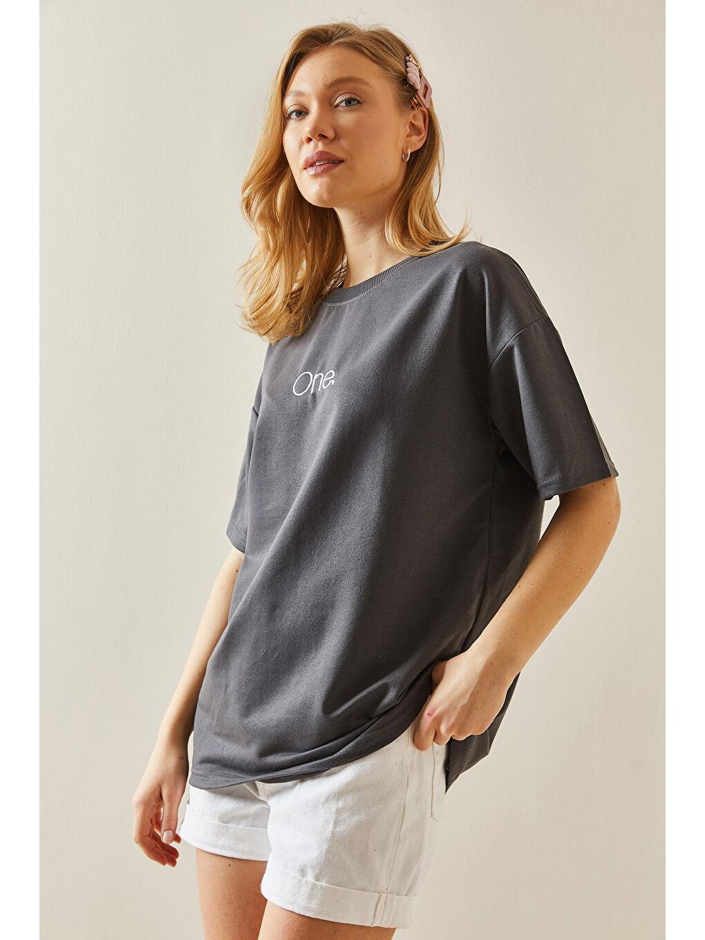 XHAN Antrasit Bisiklet Yaka Önü Yazılı Oversize T-Shirt 5YXK1-48002-36 - 3