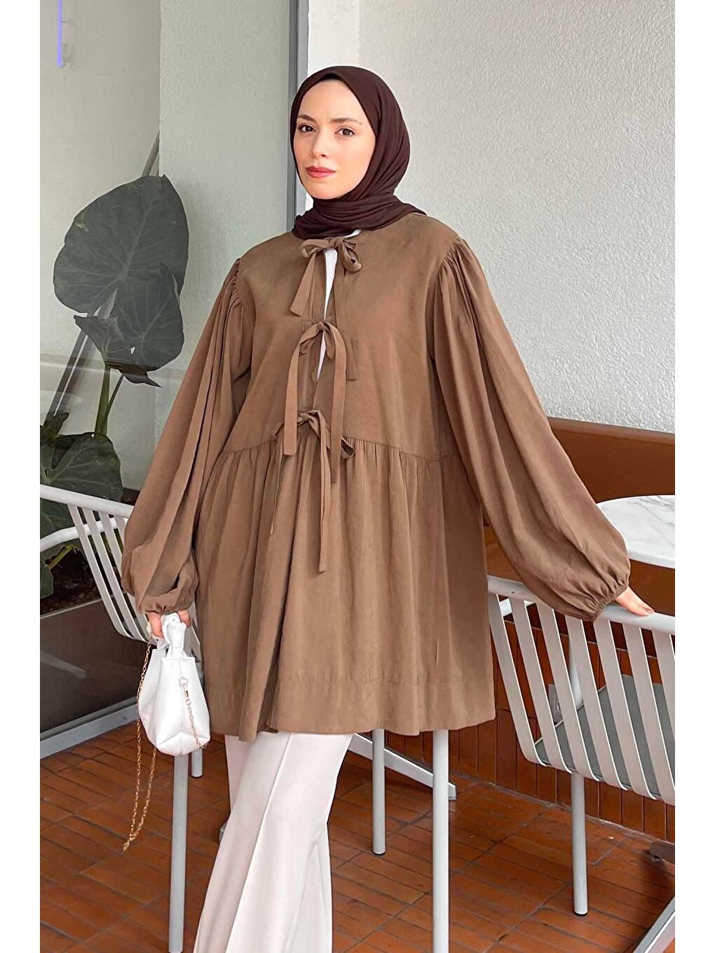 Ön Bağlamalı İki Parça Ceket Kahverengi-1