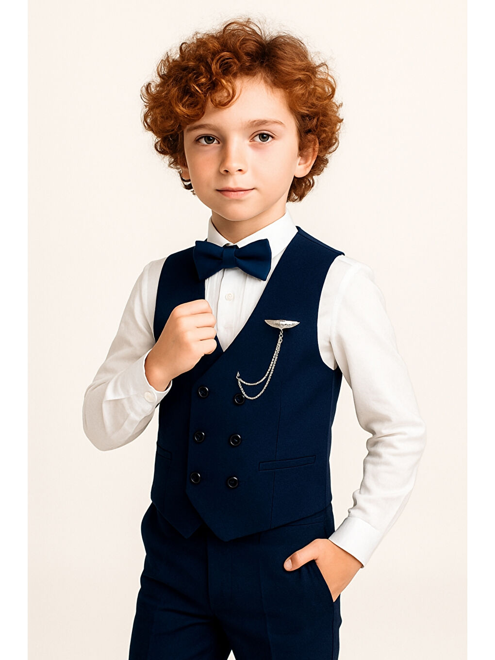 Lacivert Erkek Çocuk Modern Kesim Papyonlu Yelekli 3’ lü Set Takım Elbise Ak5350-2