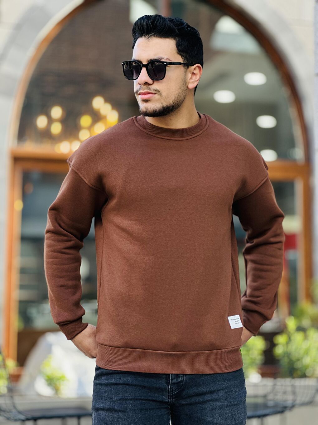 Miron Kahverengi Unisex Üç İplik İçi Şardonlu Bisiklet Yaka Oversize Sweatshirt - 1