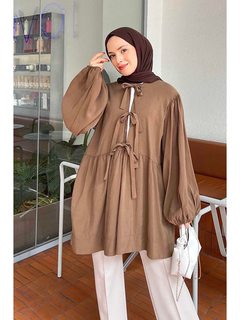 Ön Bağlamalı İki Parça Ceket Kahverengi-2