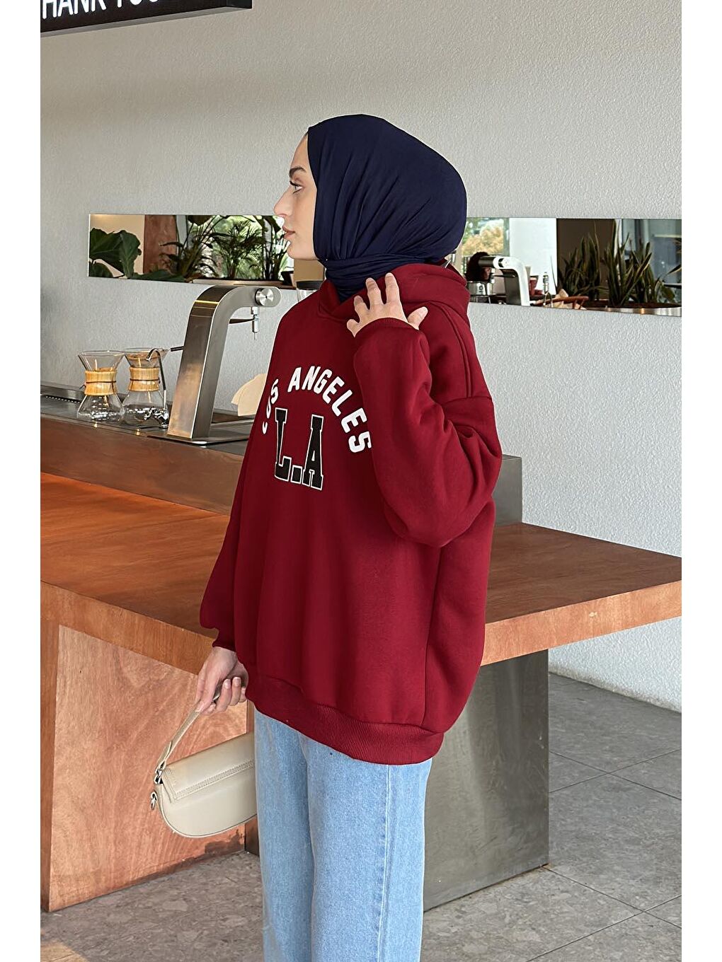 Los Angeles Baskılı Oversize Sweatshirt Bordo-1