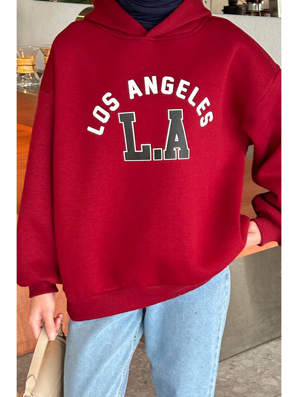 Los Angeles Baskılı Oversize Sweatshirt Bordo-2