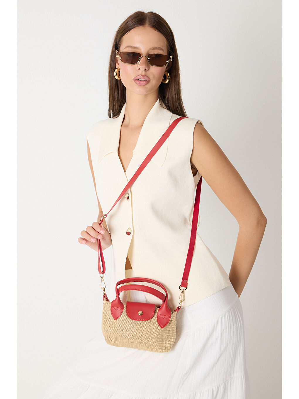 Kadın Kırmızı Mini Boy Askılı Hasır El ve Çapraz Çanta-3