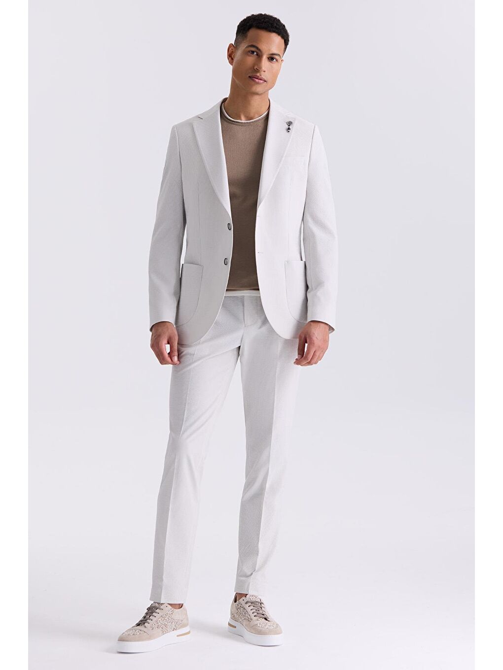 Bej Taş Beyaz Slim Fit Mono Yaka Spor Takım Elbise