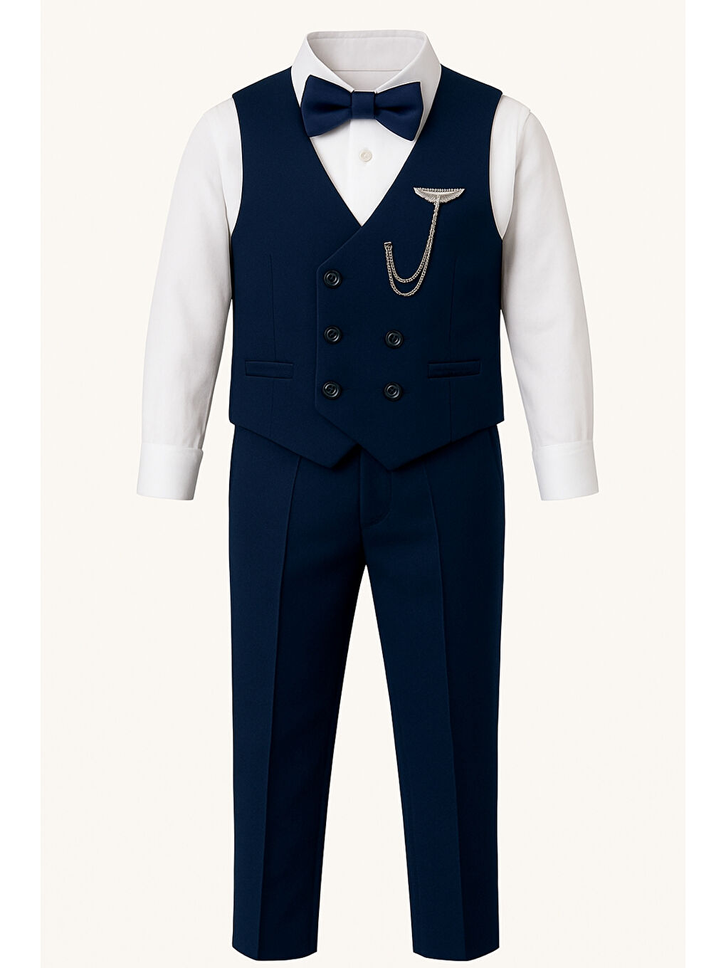 Lacivert Erkek Çocuk Modern Kesim Papyonlu Yelekli 3’ lü Set Takım Elbise Ak5350-4