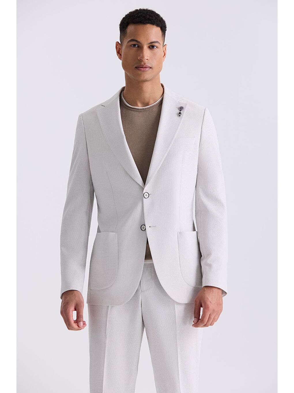 Bej Taş Beyaz Slim Fit Mono Yaka Spor Takım Elbise-1