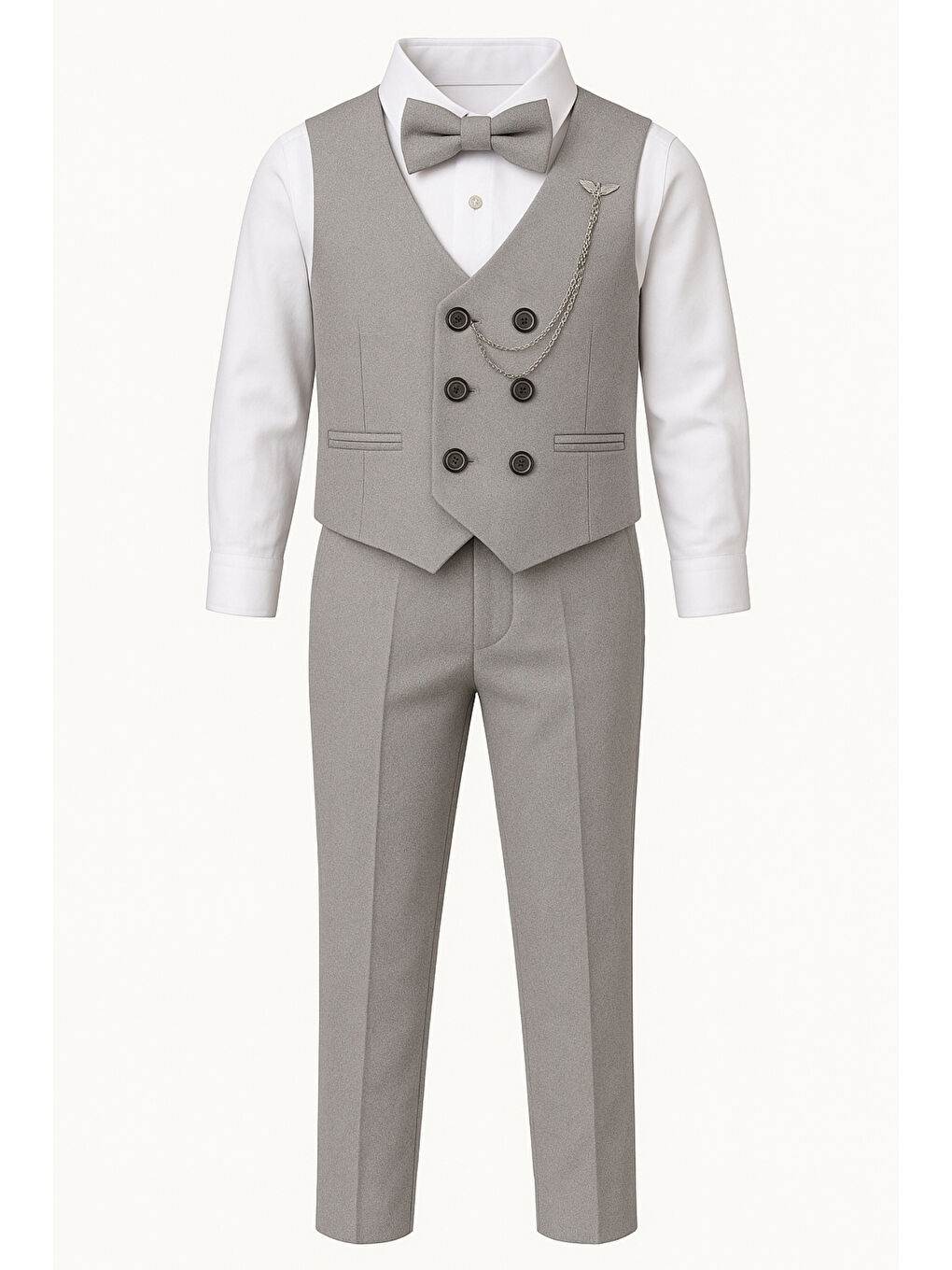Gri Erkek Çocuk Modern Kesim Papyonlu Yelekli 3’ lü Set Takım Elbise Ak5350-4