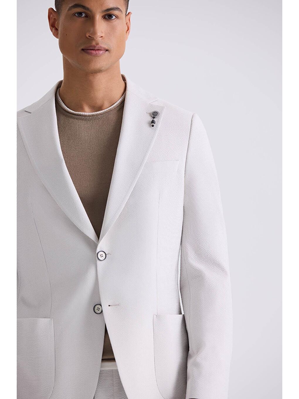 Bej Taş Beyaz Slim Fit Mono Yaka Spor Takım Elbise-2