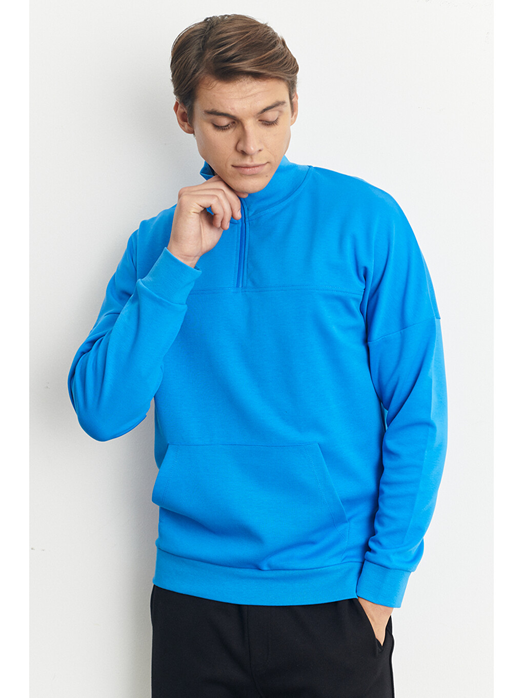 Erkek İndigo Standart Fit Normal Kesim Bato Yaka Fermuarlı Kanguru Cepli Sweatshirt-3