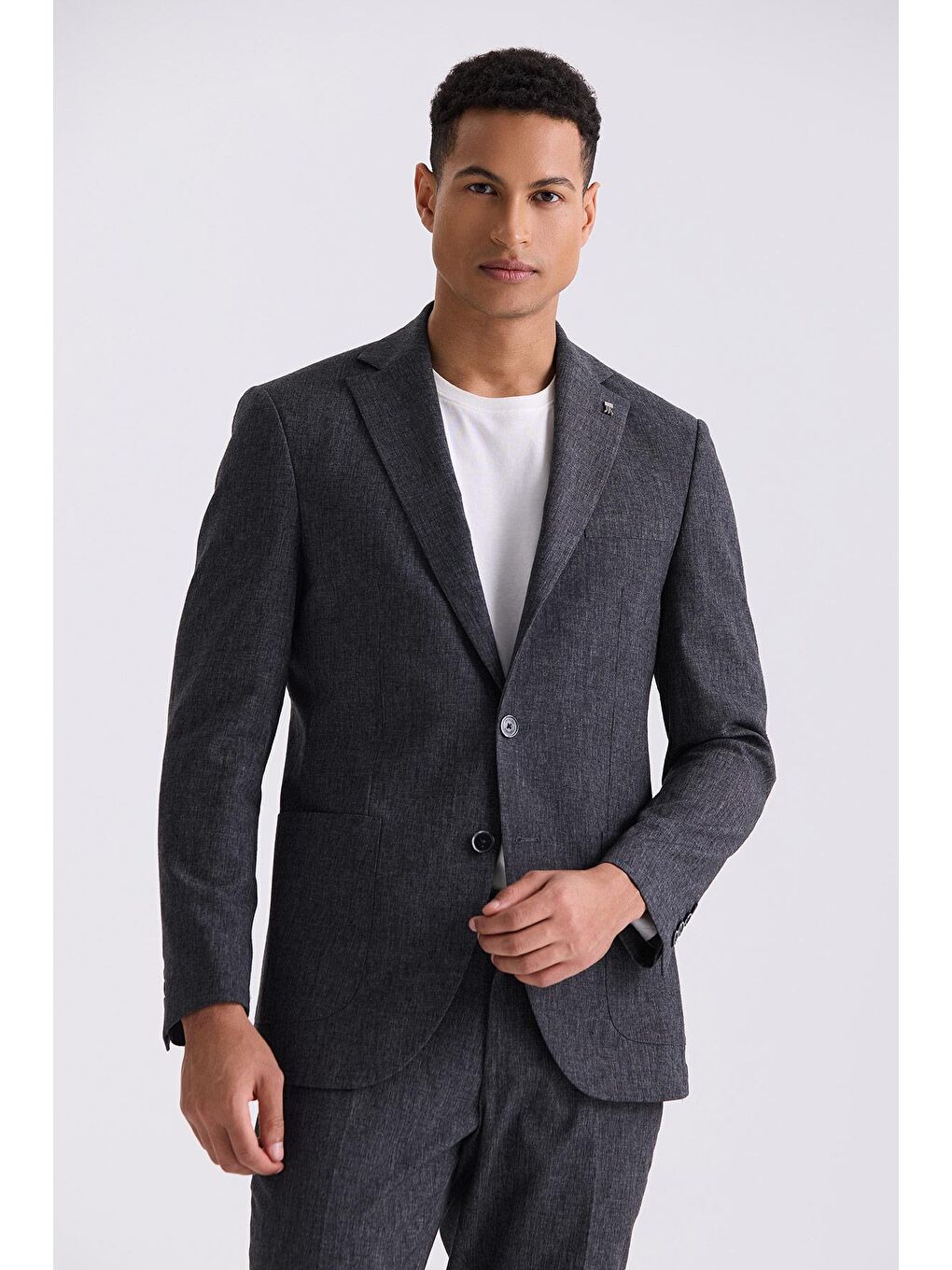 Siyah Slim Fit Mono Yaka Keten Takım Elbise-1