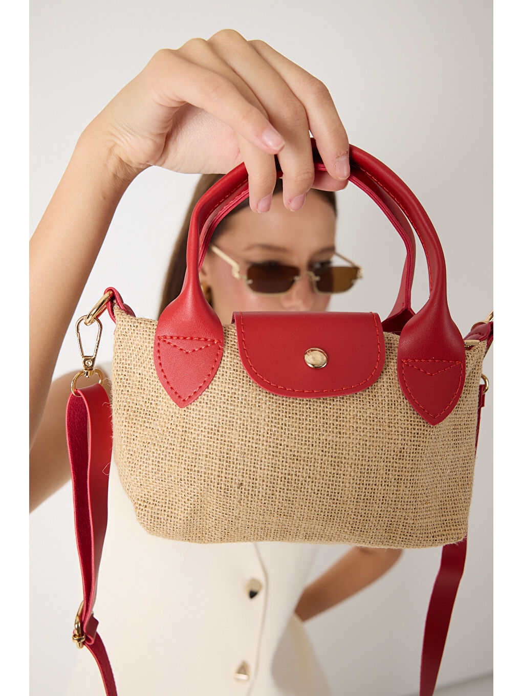Kadın Kırmızı Mini Boy Askılı Hasır El ve Çapraz Çanta-4