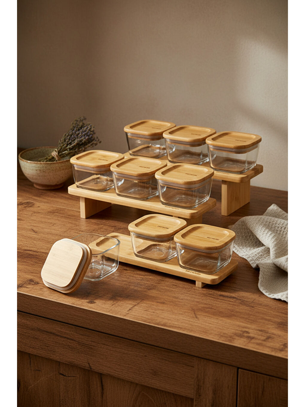 Kahverengi Lunaya 9'lu Bambu Standlı Kahvaltılık Seti