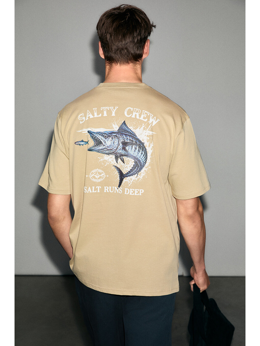 Bej Salty Erkek %100 Organik Pamuklu Yuvarlak Yakalı Baskı Detaylı Vizon T-shirt-4