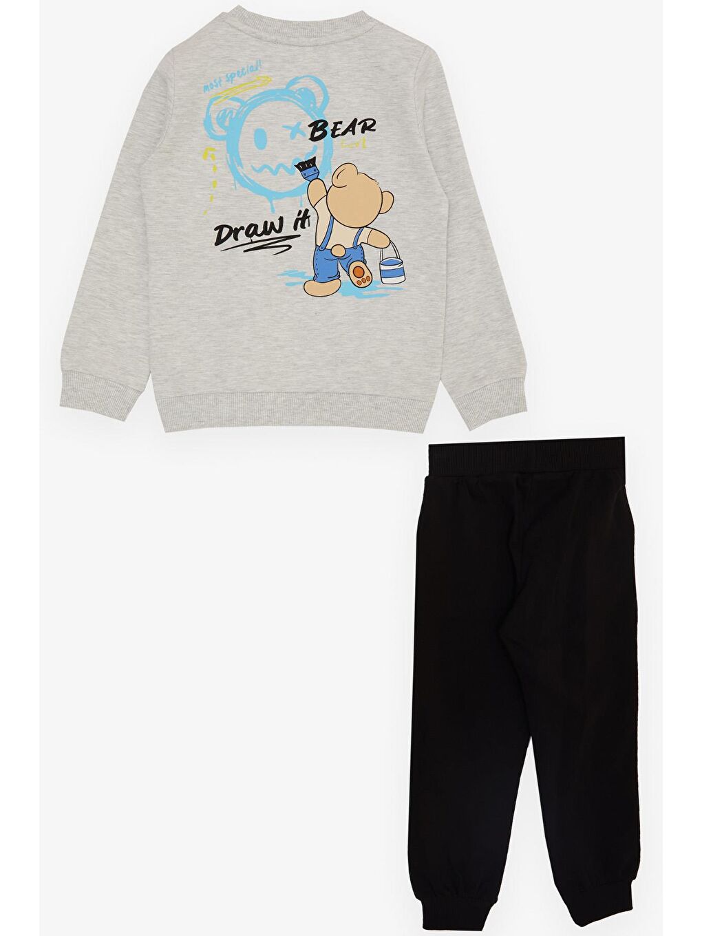 Erkek Çocuk Eşofman Takım Boyacı Ayıcık Baskılı Açık Gri Melanj (1-4 Yaş)-1