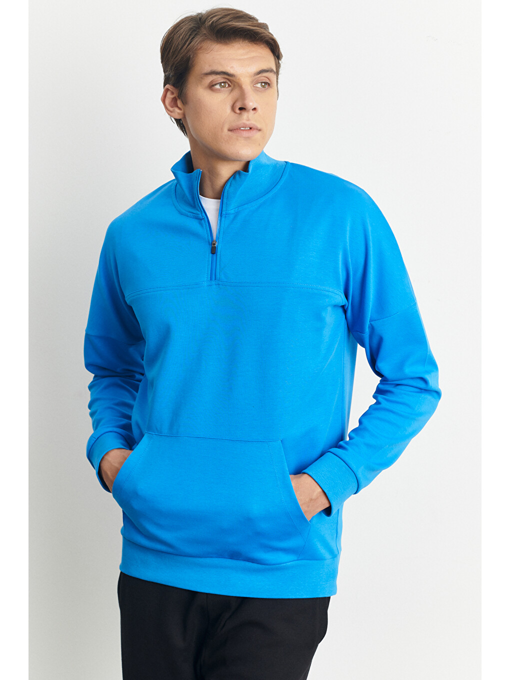 Erkek İndigo Standart Fit Normal Kesim Bato Yaka Fermuarlı Kanguru Cepli Sweatshirt-4