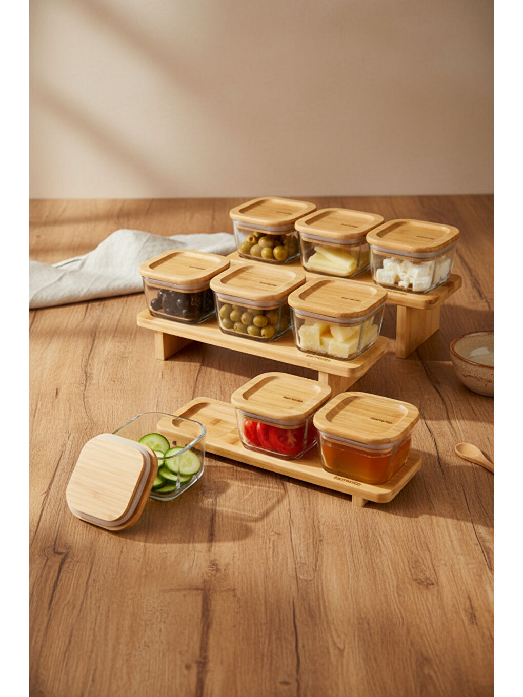 Kahverengi Lunaya 9'lu Bambu Standlı Kahvaltılık Seti-1