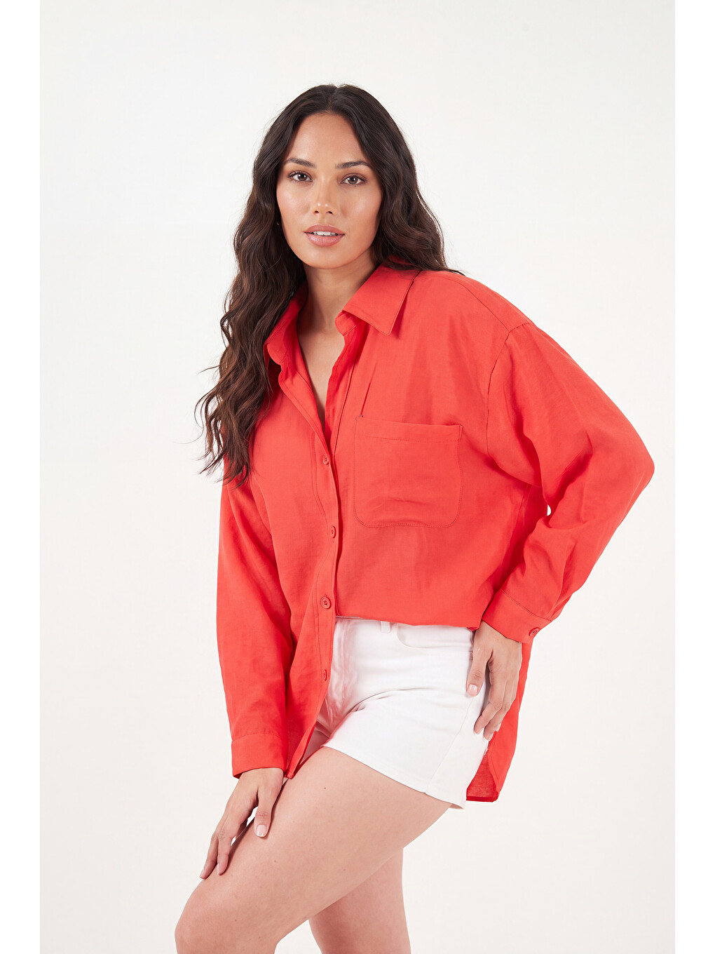 Kırmızı Modal Oversize Fit Uzun Kollu Kadın Gömlek 6834612-2