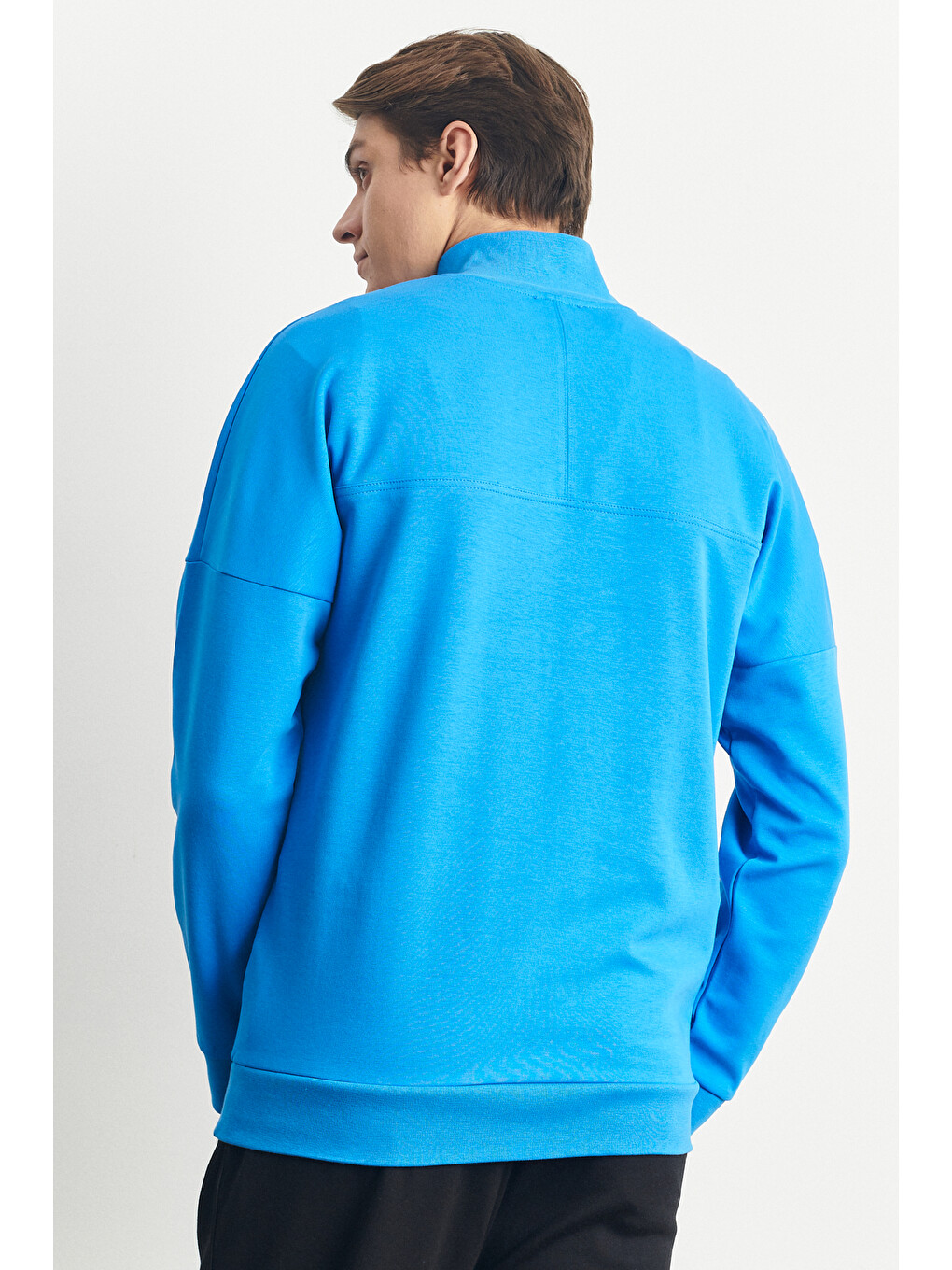 Erkek İndigo Standart Fit Normal Kesim Bato Yaka Fermuarlı Kanguru Cepli Sweatshirt-5