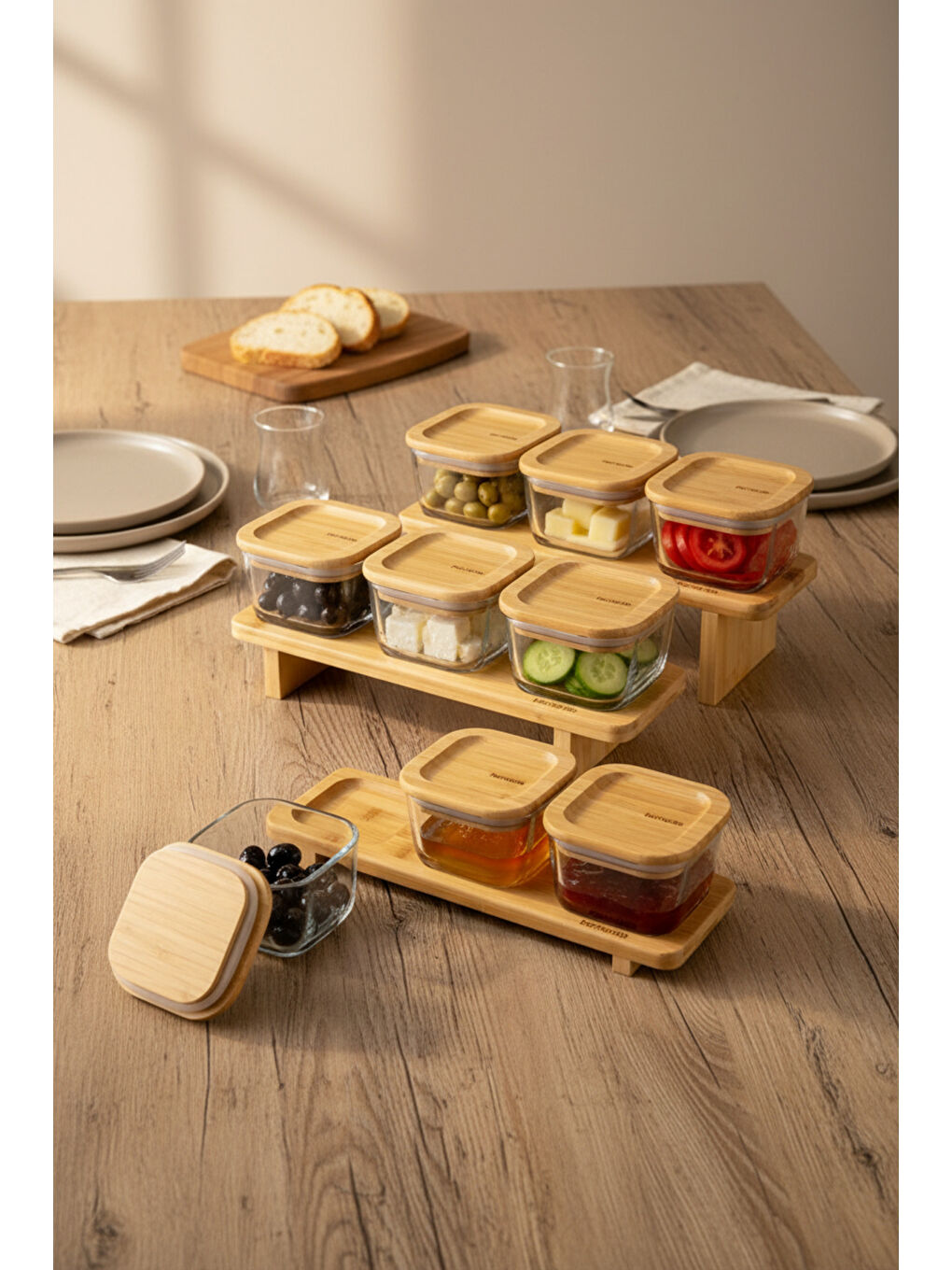 Kahverengi Lunaya 9'lu Bambu Standlı Kahvaltılık Seti-2
