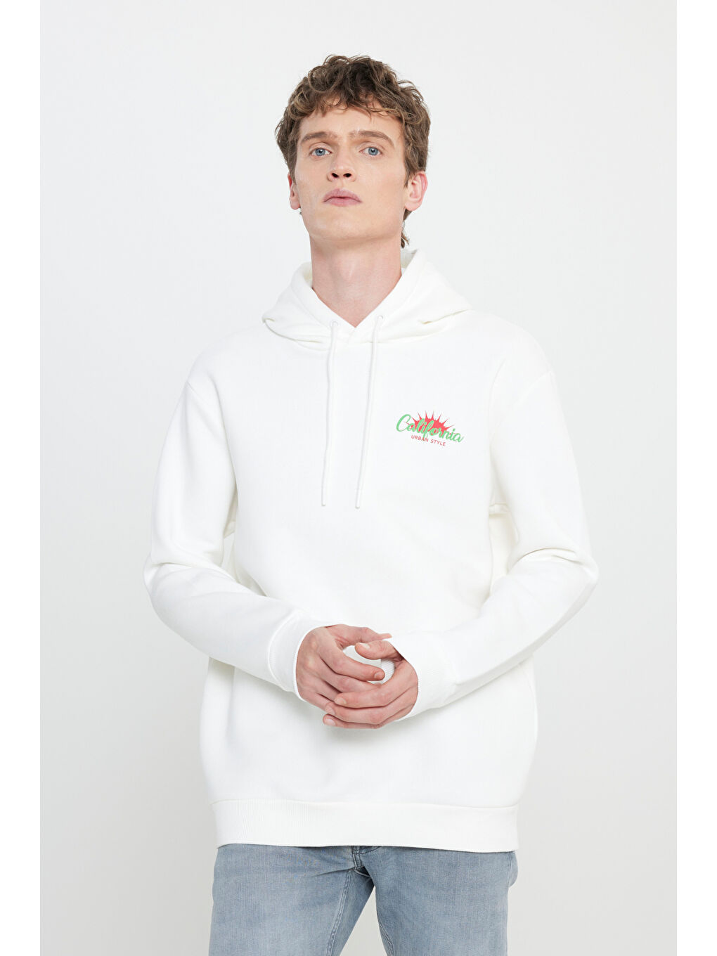Regular Fit Kapüşonlu Şardonlu Kırık Beyaz Sweatshirt